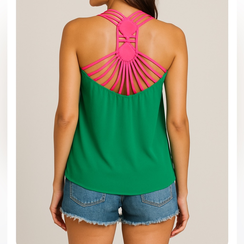 Strappy Racerback Tank Top - Green with Pink Detail